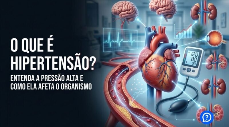 Ilustração hiper-realista mostrando o coração bombeando sangue através das artérias, com destaque para vasos sanguíneos sob alta pressão, aparelho de medição da pressão arterial e representação médica moderna do sistema cardiovascular.
