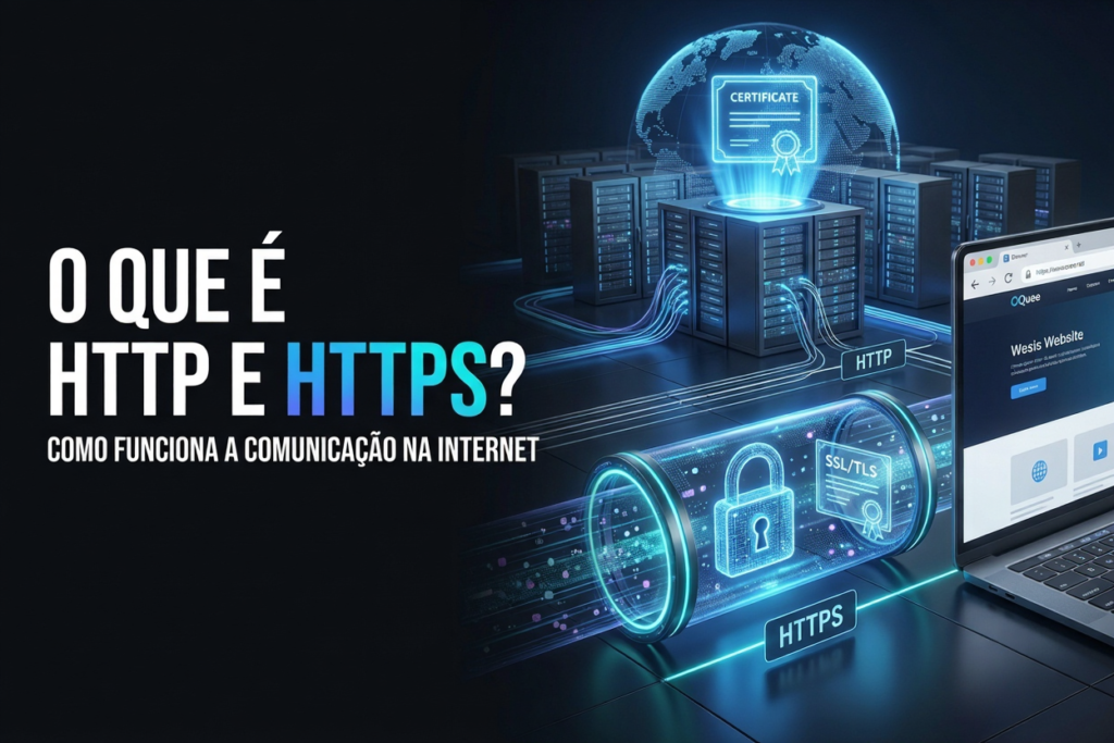 Representação hiper-realista da comunicação entre um navegador e um servidor utilizando HTTPS, mostrando certificado digital, cadeado de segurança, criptografia, fluxo de dados protegido e um moderno data center conectado por linhas digitais luminosas.