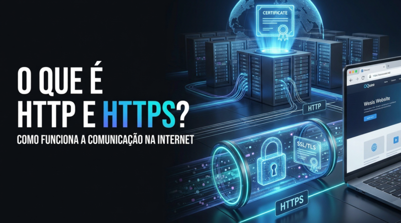 Representação hiper-realista da comunicação entre um navegador e um servidor utilizando HTTPS, mostrando certificado digital, cadeado de segurança, criptografia, fluxo de dados protegido e um moderno data center conectado por linhas digitais luminosas.