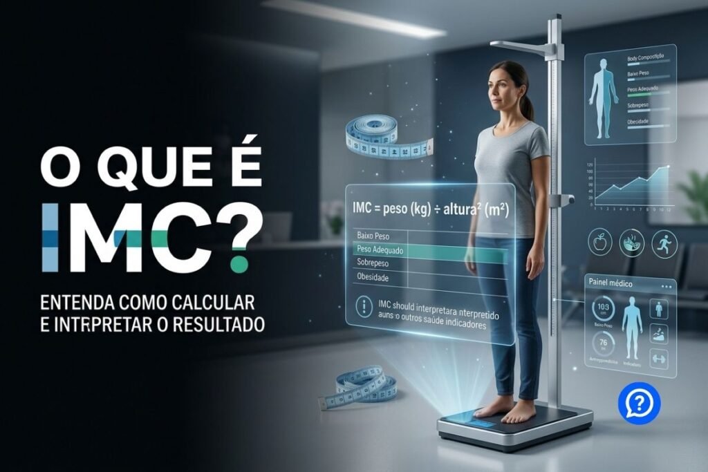 Ilustração hiper-realista mostrando uma pessoa sobre uma balança digital ao lado de um estadiômetro para medição da altura, com um painel holográfico exibindo a fórmula do IMC, a classificação por faixas e elementos relacionados à composição corporal em um ambiente médico moderno.