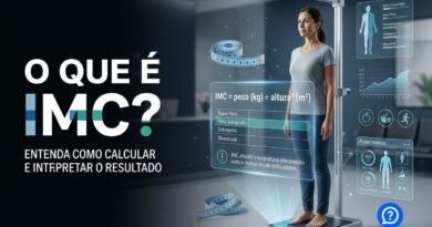 Ilustração hiper-realista mostrando uma pessoa sobre uma balança digital ao lado de um estadiômetro para medição da altura, com um painel holográfico exibindo a fórmula do IMC, a classificação por faixas e elementos relacionados à composição corporal em um ambiente médico moderno.