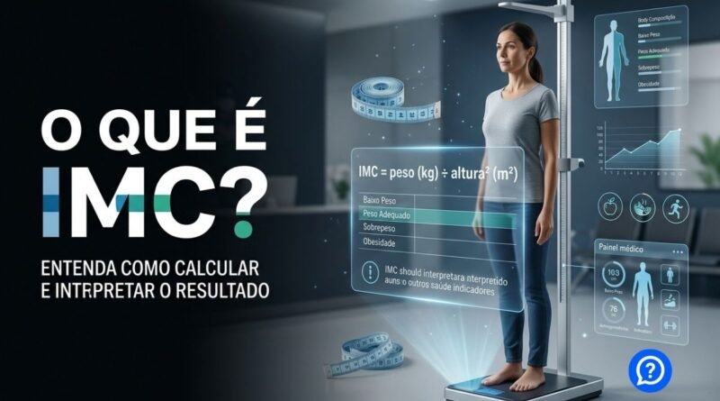 Ilustração hiper-realista mostrando uma pessoa sobre uma balança digital ao lado de um estadiômetro para medição da altura, com um painel holográfico exibindo a fórmula do IMC, a classificação por faixas e elementos relacionados à composição corporal em um ambiente médico moderno.
