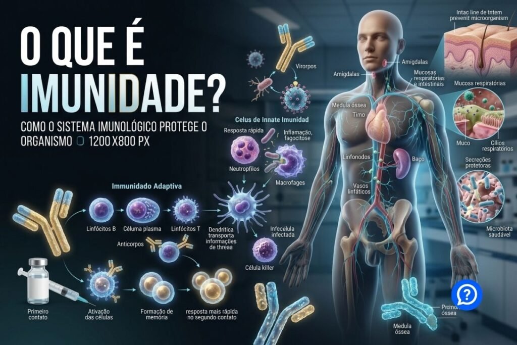 Representação hiper-realista do sistema imunológico, mostrando células de defesa reconhecendo vírus e bactérias, anticorpos, barreiras da pele e memória imunológica protegendo o corpo humano.
