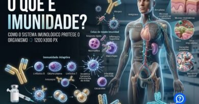 Representação hiper-realista do sistema imunológico, mostrando células de defesa reconhecendo vírus e bactérias, anticorpos, barreiras da pele e memória imunológica protegendo o corpo humano.