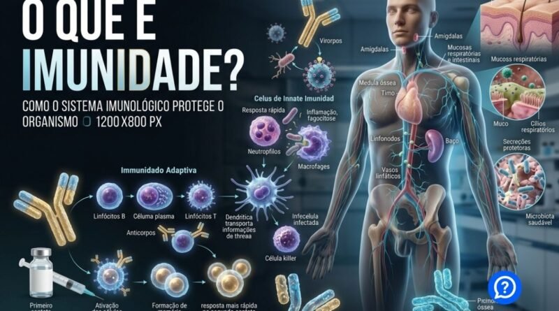 Representação hiper-realista do sistema imunológico, mostrando células de defesa reconhecendo vírus e bactérias, anticorpos, barreiras da pele e memória imunológica protegendo o corpo humano.