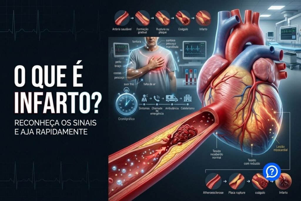 Representação hiper-realista de uma artéria coronária obstruída por um coágulo sobre uma placa de aterosclerose, reduzindo o fluxo de sangue para uma região do coração e causando infarto do miocárdio.