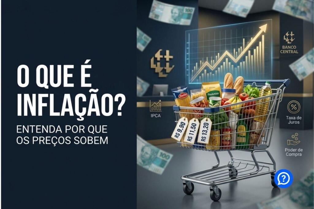 Representação hiper-realista da inflação mostrando carrinho de supermercado, etiquetas de preços aumentando ao longo do tempo, gráfico econômico ascendente, notas de real perdendo poder de compra e elementos que representam o IPCA e a política monetária do Banco Central.