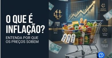 Representação hiper-realista da inflação mostrando carrinho de supermercado, etiquetas de preços aumentando ao longo do tempo, gráfico econômico ascendente, notas de real perdendo poder de compra e elementos que representam o IPCA e a política monetária do Banco Central.
