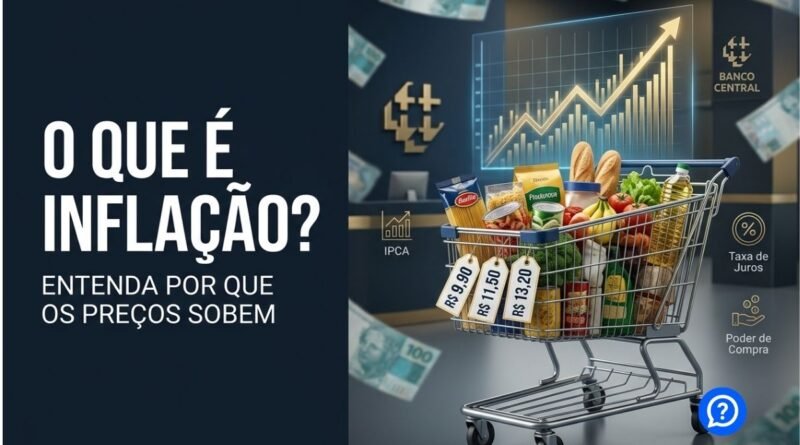 Representação hiper-realista da inflação mostrando carrinho de supermercado, etiquetas de preços aumentando ao longo do tempo, gráfico econômico ascendente, notas de real perdendo poder de compra e elementos que representam o IPCA e a política monetária do Banco Central.