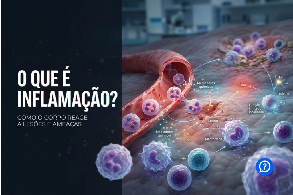 Representação hiper-realista da resposta inflamatória, mostrando células de defesa migrando da corrente sanguínea para um tecido lesionado, com vermelhidão, edema e início do reparo celular em uma composição médica didática.