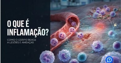 Representação hiper-realista da resposta inflamatória, mostrando células de defesa migrando da corrente sanguínea para um tecido lesionado, com vermelhidão, edema e início do reparo celular em uma composição médica didática.