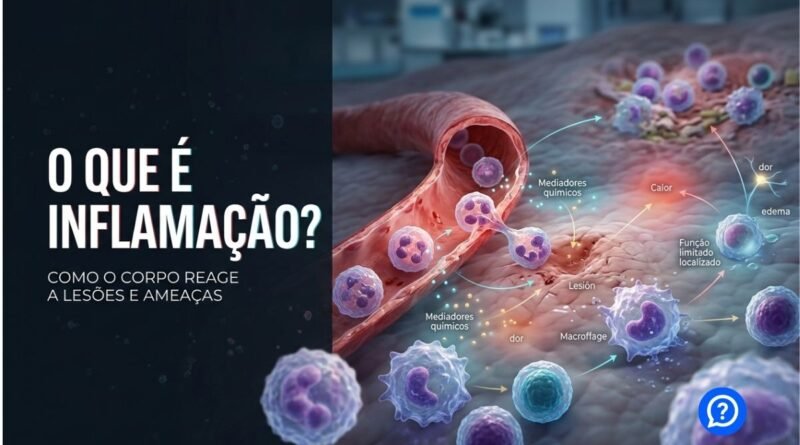 Representação hiper-realista da resposta inflamatória, mostrando células de defesa migrando da corrente sanguínea para um tecido lesionado, com vermelhidão, edema e início do reparo celular em uma composição médica didática.