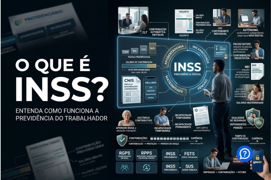 Representação hiper-realista do INSS e da Previdência Social mostrando contribuição do trabalhador, registro no CNIS e proteção previdenciária por aposentadoria, incapacidade, maternidade e pensão.