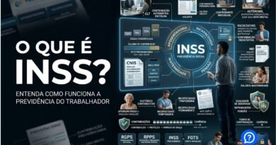Representação hiper-realista do INSS e da Previdência Social mostrando contribuição do trabalhador, registro no CNIS e proteção previdenciária por aposentadoria, incapacidade, maternidade e pensão.