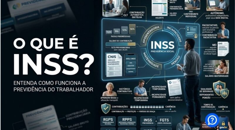 Representação hiper-realista do INSS e da Previdência Social mostrando contribuição do trabalhador, registro no CNIS e proteção previdenciária por aposentadoria, incapacidade, maternidade e pensão.