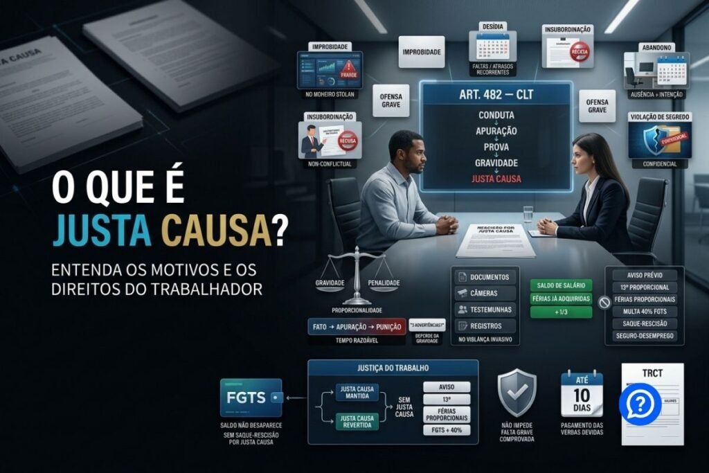 Representação hiper-realista de demissão por justa causa mostrando encerramento de contrato após falta grave, com artigo 482 da CLT, saldo salarial, férias adquiridas e direitos não aplicáveis como aviso prévio e multa do FGTS.