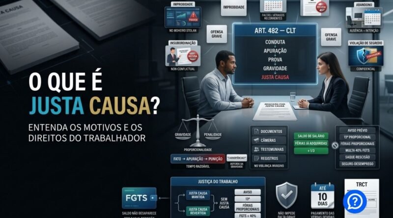 Representação hiper-realista de demissão por justa causa mostrando encerramento de contrato após falta grave, com artigo 482 da CLT, saldo salarial, férias adquiridas e direitos não aplicáveis como aviso prévio e multa do FGTS.