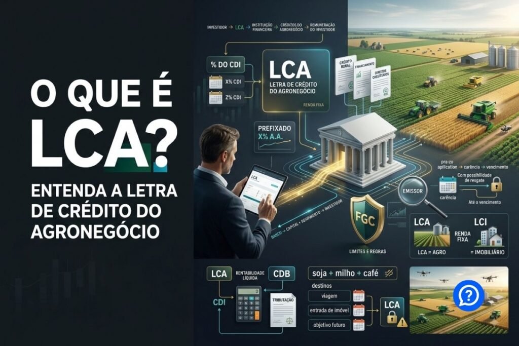 Representação hiper-realista de uma LCA mostrando investidor aplicando recursos em uma instituição financeira, créditos do agronegócio como lastro, propriedades rurais, produção agrícola, rentabilidade ligada ao CDI, prazo, liquidez e proteção do FGC.