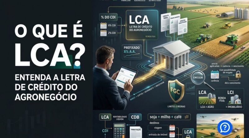 Representação hiper-realista de uma LCA mostrando investidor aplicando recursos em uma instituição financeira, créditos do agronegócio como lastro, propriedades rurais, produção agrícola, rentabilidade ligada ao CDI, prazo, liquidez e proteção do FGC.