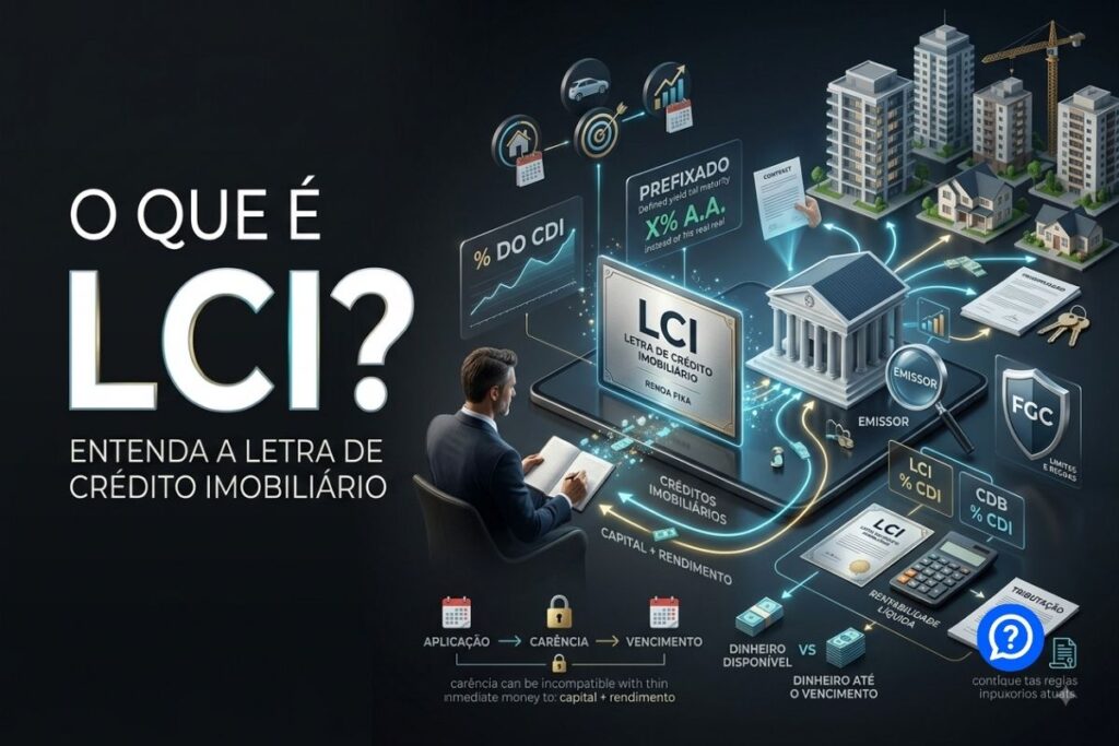Representação realista de uma LCI mostrando investidor aplicando dinheiro em uma instituição financeira, créditos imobiliários servindo como lastro, rentabilidade ligada ao CDI, vencimento, liquidez e proteção do FGC.