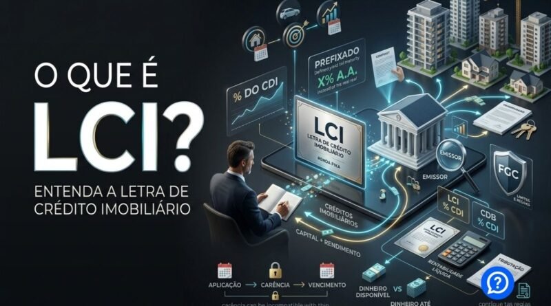 Representação realista de uma LCI mostrando investidor aplicando dinheiro em uma instituição financeira, créditos imobiliários servindo como lastro, rentabilidade ligada ao CDI, vencimento, liquidez e proteção do FGC.