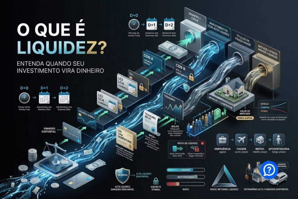 Representação hiper-realista do conceito de liquidez mostrando diferentes ativos sendo convertidos em dinheiro em velocidades distintas, com investimentos líquidos, títulos de longo prazo, ações e imóveis.