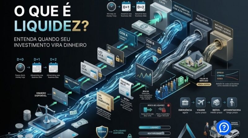 Representação hiper-realista do conceito de liquidez mostrando diferentes ativos sendo convertidos em dinheiro em velocidades distintas, com investimentos líquidos, títulos de longo prazo, ações e imóveis.