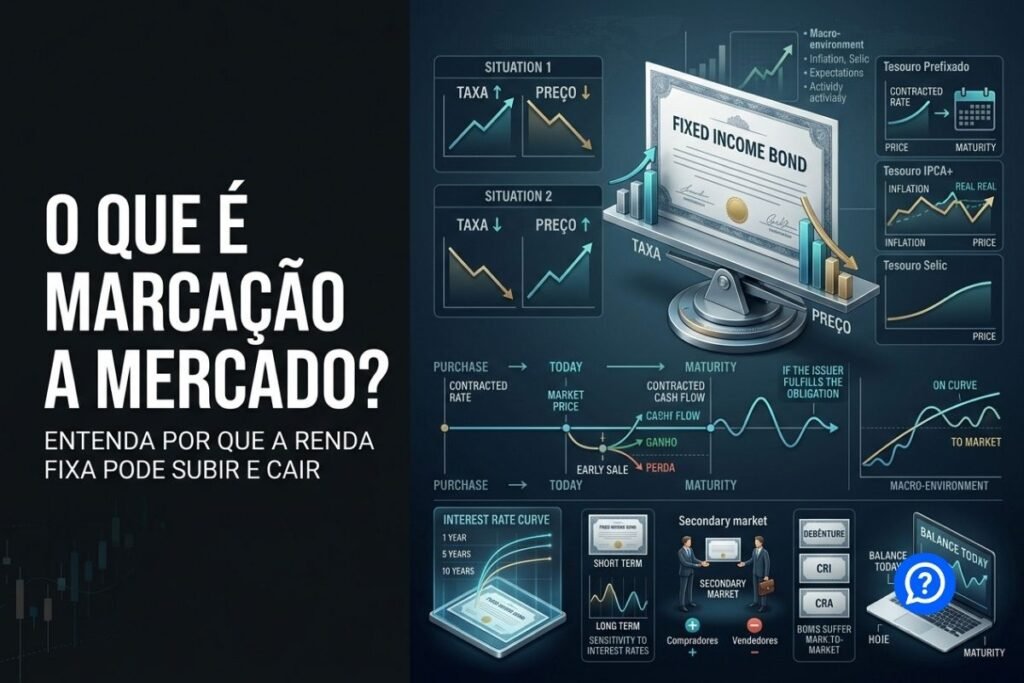 Representação hiper-realista da marcação a mercado mostrando a relação inversa entre taxas de juros e preços de títulos de renda fixa, com Tesouro Prefixado, Tesouro IPCA+, debêntures e mercado secundário.