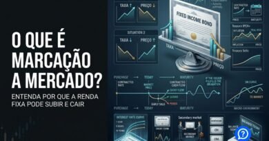 Representação hiper-realista da marcação a mercado mostrando a relação inversa entre taxas de juros e preços de títulos de renda fixa, com Tesouro Prefixado, Tesouro IPCA+, debêntures e mercado secundário.