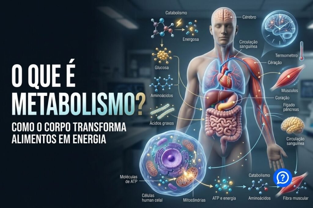 Representação hiper-realista do metabolismo humano, mostrando nutrientes provenientes dos alimentos sendo transformados em energia dentro das células, com destaque para ATP, músculos, fígado, cérebro e sistema digestório.
