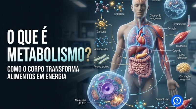 Representação hiper-realista do metabolismo humano, mostrando nutrientes provenientes dos alimentos sendo transformados em energia dentro das células, com destaque para ATP, músculos, fígado, cérebro e sistema digestório.