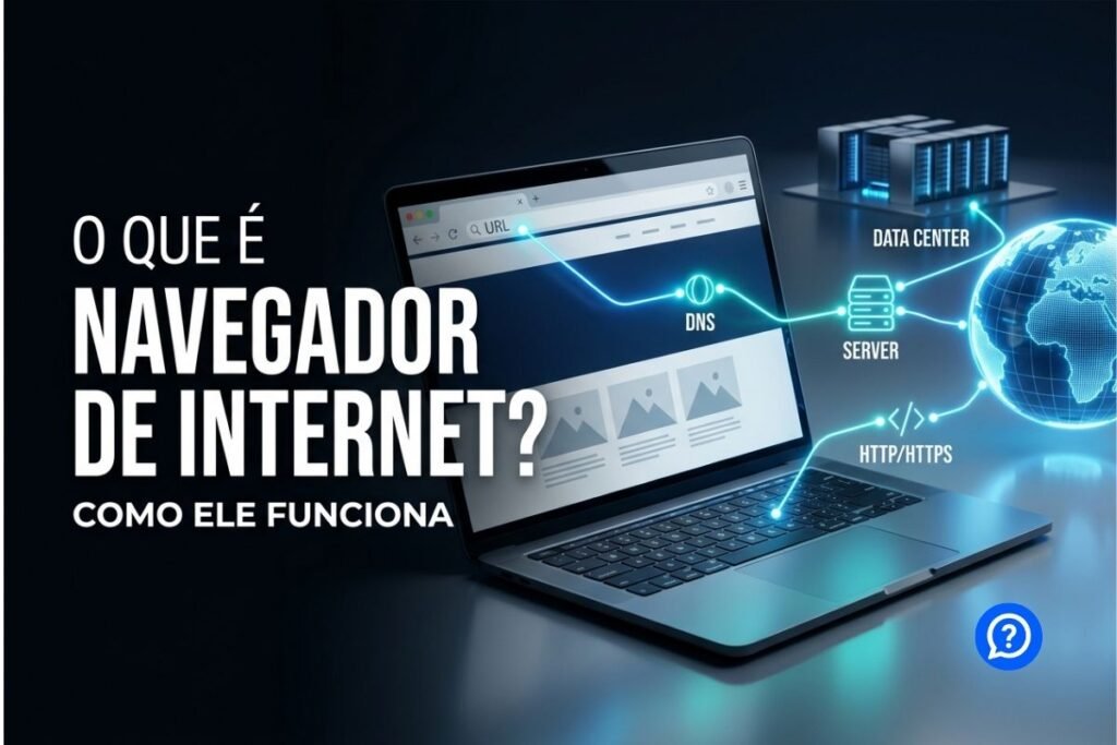 Pessoa utilizando um navegador moderno em um notebook enquanto uma interface digital mostra a comunicação com servidores, páginas da web e conexões seguras em um ambiente tecnológico futurista.