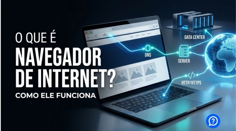 Pessoa utilizando um navegador moderno em um notebook enquanto uma interface digital mostra a comunicação com servidores, páginas da web e conexões seguras em um ambiente tecnológico futurista.