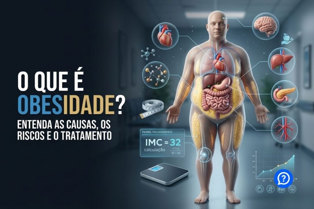 Ilustração hiper-realista mostrando um corpo humano com destaque para o tecido adiposo subcutâneo e visceral, acompanhado de órgãos como coração, fígado e pâncreas, evidenciando a relação entre obesidade, metabolismo e saúde cardiovascular em um ambiente médico moderno.