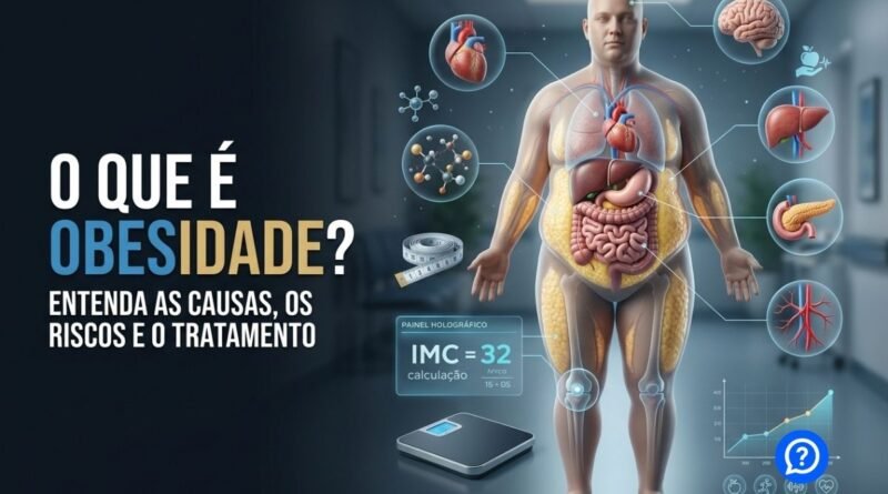 Ilustração hiper-realista mostrando um corpo humano com destaque para o tecido adiposo subcutâneo e visceral, acompanhado de órgãos como coração, fígado e pâncreas, evidenciando a relação entre obesidade, metabolismo e saúde cardiovascular em um ambiente médico moderno.