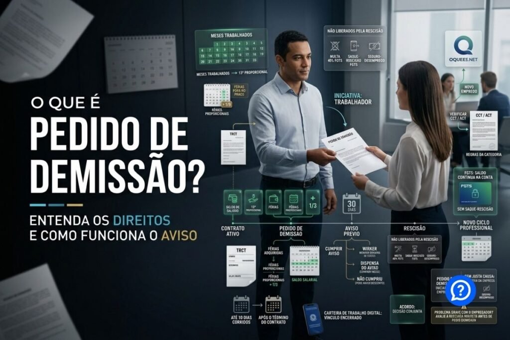 Representação hiper-realista de pedido de demissão mostrando trabalhador entregando carta à empresa, com saldo salarial, férias, 13º proporcional, aviso prévio e diferenças em relação ao FGTS e Seguro-Desemprego.