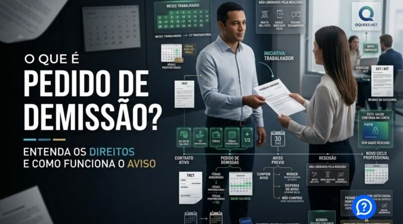 Representação hiper-realista de pedido de demissão mostrando trabalhador entregando carta à empresa, com saldo salarial, férias, 13º proporcional, aviso prévio e diferenças em relação ao FGTS e Seguro-Desemprego.