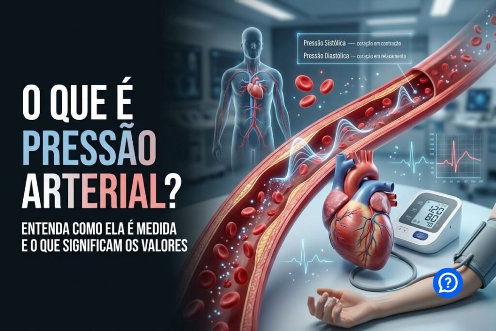 Ilustração hiper-realista mostrando o coração bombeando sangue pelas artérias, um aparelho digital aferindo a pressão arterial e um detalhe ampliado de um vaso sanguíneo, explicando visualmente a diferença entre pressão sistólica e diastólica em um ambiente médico moderno.