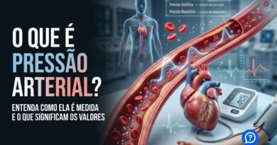 Ilustração hiper-realista mostrando o coração bombeando sangue pelas artérias, um aparelho digital aferindo a pressão arterial e um detalhe ampliado de um vaso sanguíneo, explicando visualmente a diferença entre pressão sistólica e diastólica em um ambiente médico moderno.