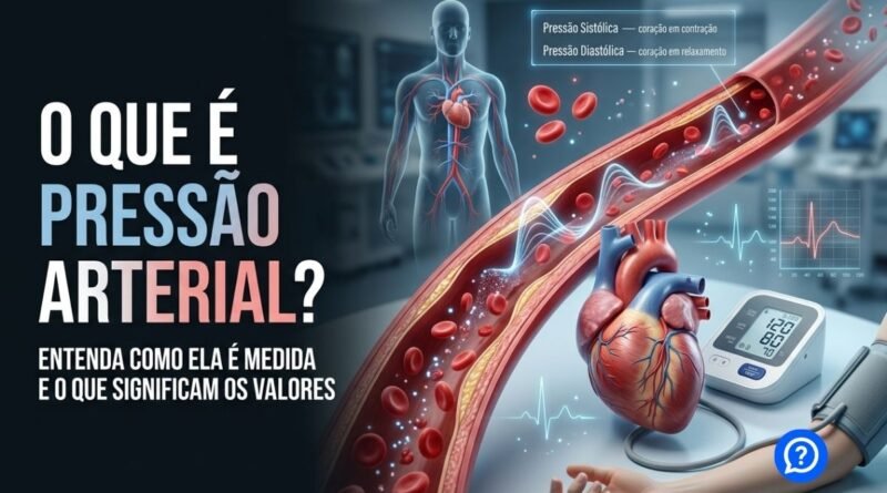 Ilustração hiper-realista mostrando o coração bombeando sangue pelas artérias, um aparelho digital aferindo a pressão arterial e um detalhe ampliado de um vaso sanguíneo, explicando visualmente a diferença entre pressão sistólica e diastólica em um ambiente médico moderno.