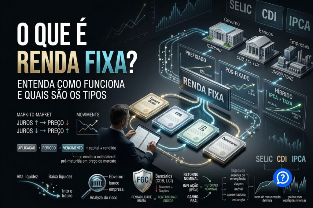 Representação hiper-realista da renda fixa mostrando investidor distribuindo recursos entre Tesouro Direto, CDB, LCI, LCA e debêntures, com indicadores CDI, Selic e IPCA, além de elementos de risco, liquidez, prazo e rentabilidade.