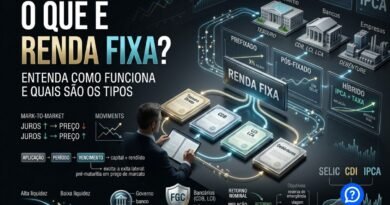Representação hiper-realista da renda fixa mostrando investidor distribuindo recursos entre Tesouro Direto, CDB, LCI, LCA e debêntures, com indicadores CDI, Selic e IPCA, além de elementos de risco, liquidez, prazo e rentabilidade.