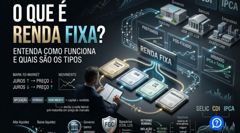 Representação hiper-realista da renda fixa mostrando investidor distribuindo recursos entre Tesouro Direto, CDB, LCI, LCA e debêntures, com indicadores CDI, Selic e IPCA, além de elementos de risco, liquidez, prazo e rentabilidade.