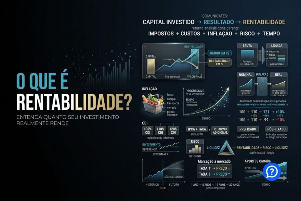 Representação hiper-realista do conceito de rentabilidade mostrando um investimento crescendo ao longo do tempo e a diferença entre retorno bruto, líquido, nominal e real após impostos, custos e inflação.