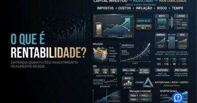 Representação hiper-realista do conceito de rentabilidade mostrando um investimento crescendo ao longo do tempo e a diferença entre retorno bruto, líquido, nominal e real após impostos, custos e inflação.