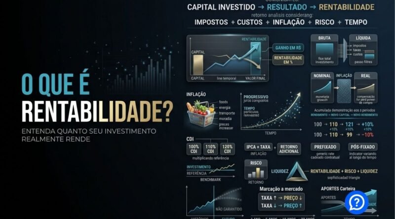 Representação hiper-realista do conceito de rentabilidade mostrando um investimento crescendo ao longo do tempo e a diferença entre retorno bruto, líquido, nominal e real após impostos, custos e inflação.