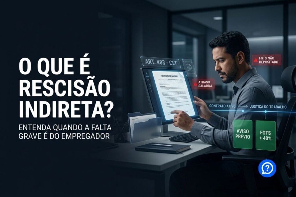 Representação hiper-realista da rescisão indireta mostrando trabalhador diante de faltas graves do empregador, como salário atrasado, FGTS não depositado, assédio e risco no trabalho, buscando seus direitos pela Justiça do Trabalho.