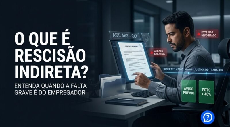 Representação hiper-realista da rescisão indireta mostrando trabalhador diante de faltas graves do empregador, como salário atrasado, FGTS não depositado, assédio e risco no trabalho, buscando seus direitos pela Justiça do Trabalho.