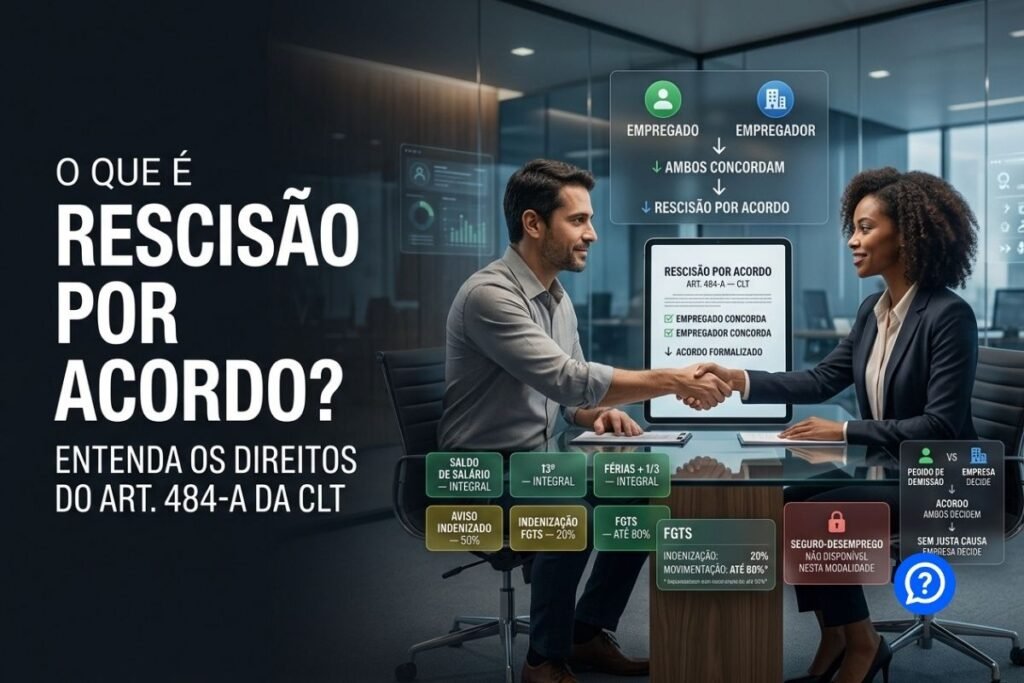 Representação de rescisão por acordo entre trabalhador e empregador, mostrando assinatura consensual do encerramento do contrato, FGTS, aviso prévio e direitos trabalhistas.