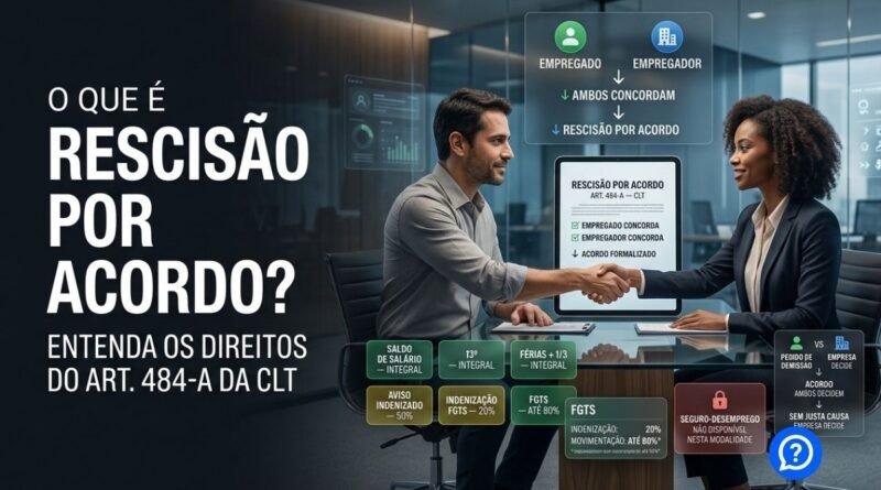 Representação de rescisão por acordo entre trabalhador e empregador, mostrando assinatura consensual do encerramento do contrato, FGTS, aviso prévio e direitos trabalhistas.